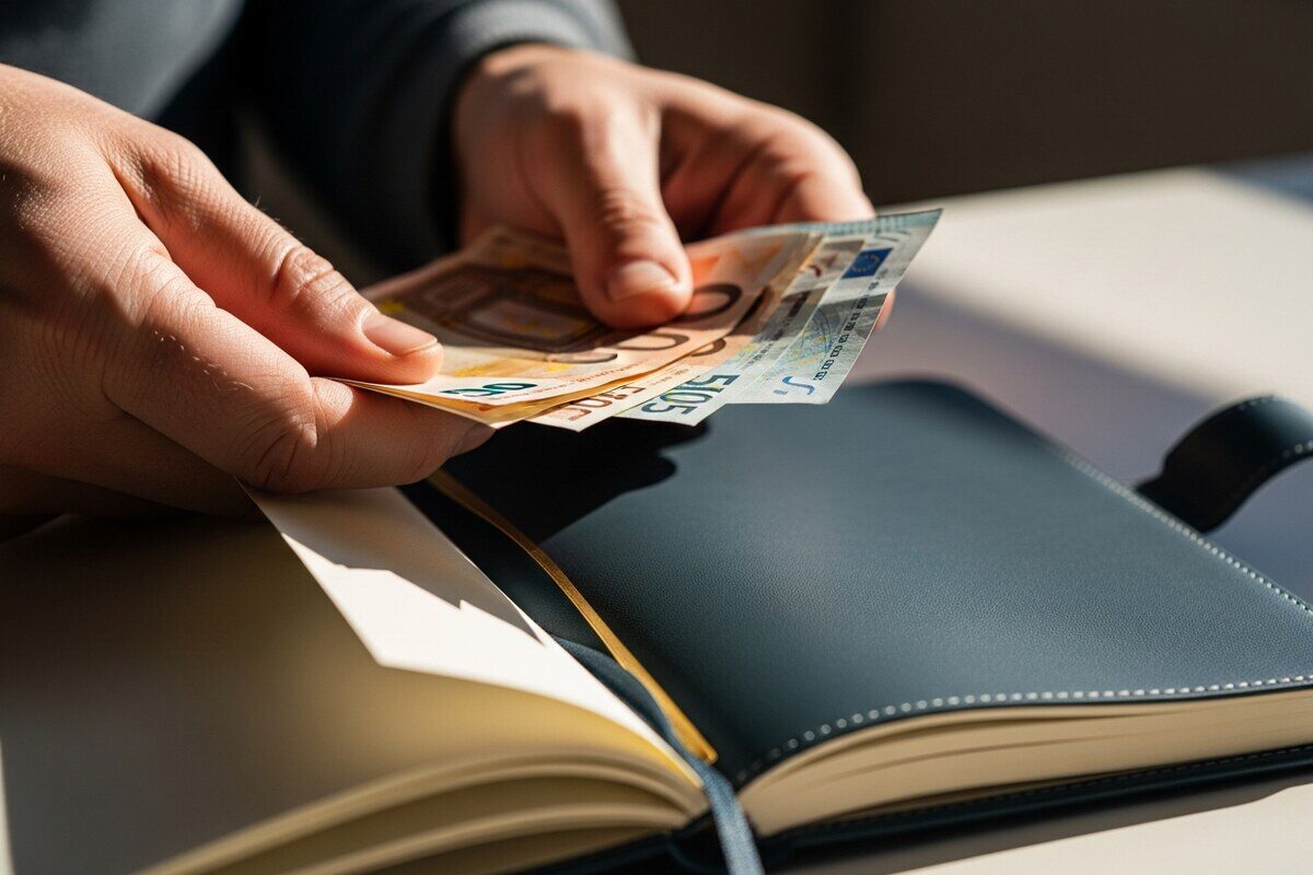 Hands holding a pen poised over a blank tax form on a leather desk blotter