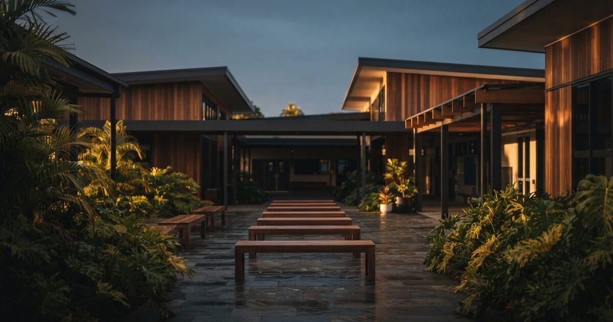 Sunlit tropical school courtyard with empty benches at golden hour
