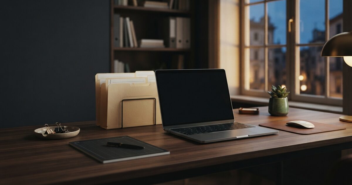Contractor office workspace prepared for AI CRM cleanup