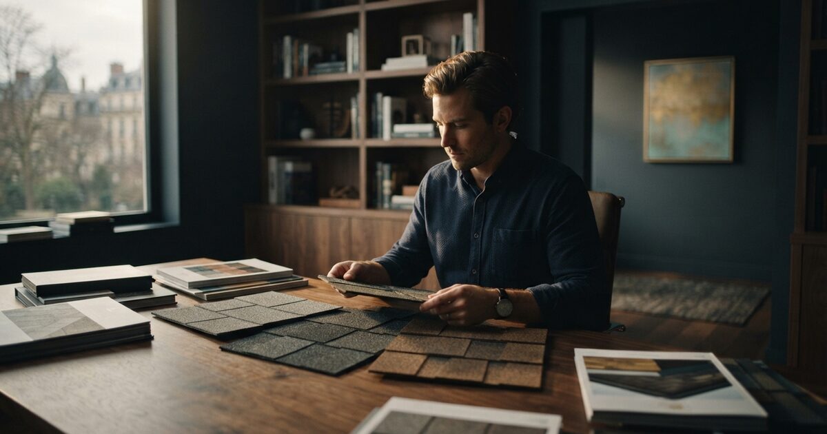Roofing estimator reviewing material samples in a warm modern office