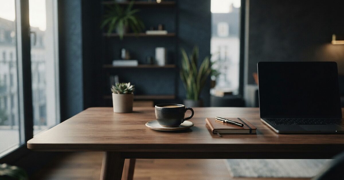 Sunlit walnut desk with coffee and closed laptop near window