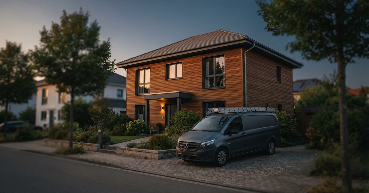 Suburban house at sunset with ladder and unmarked work van