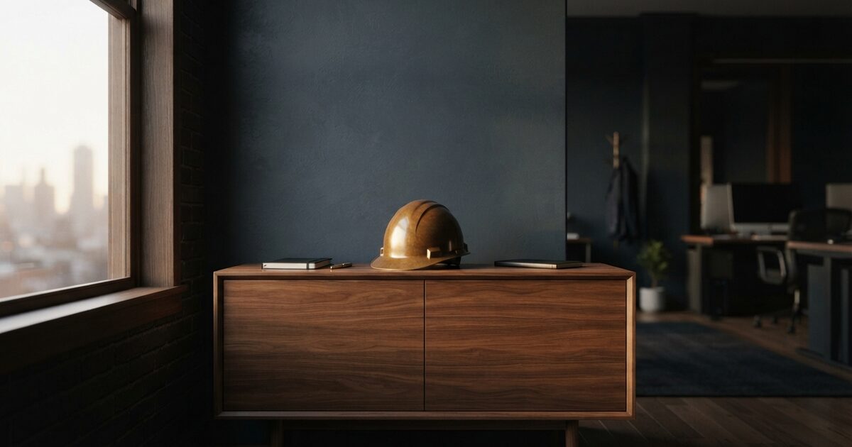 Sunlit contractor office with walnut desk and amber hard hat