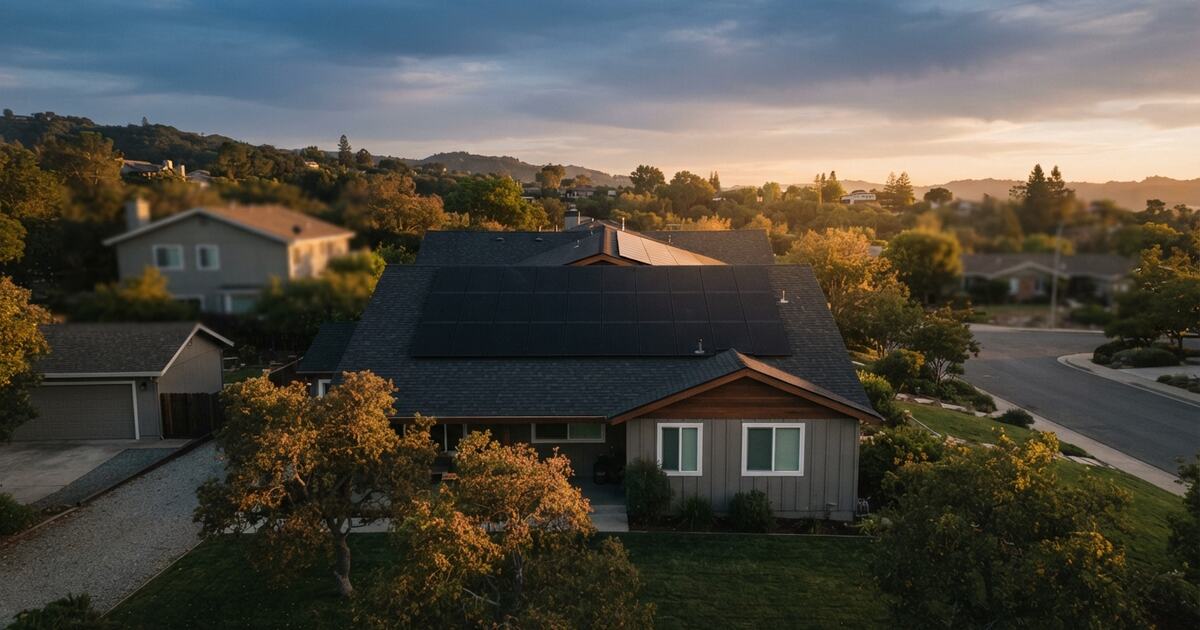Suburban rooftop of matte black solar panels in warm evening light