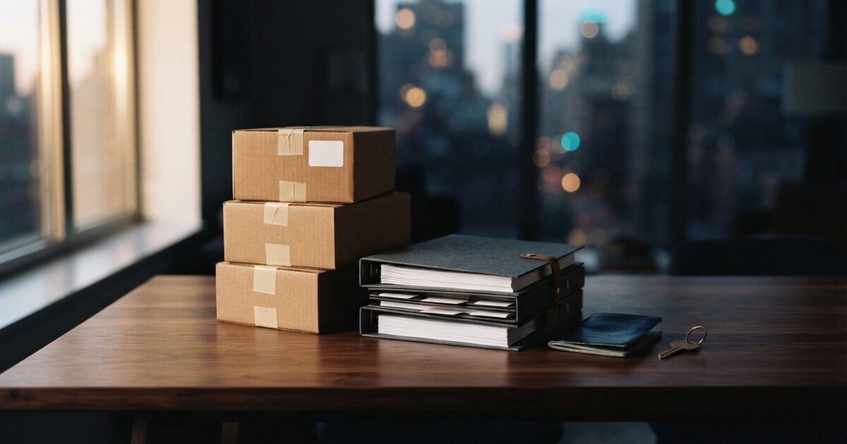 Organized investment records prepared beside moving boxes before an overseas relocation