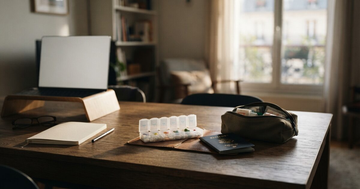 Medical bag and workspace showing expat disability planning