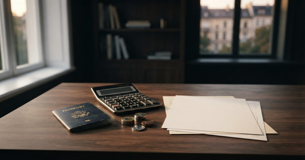 Expat tax desk with calculator passport and foreign coins