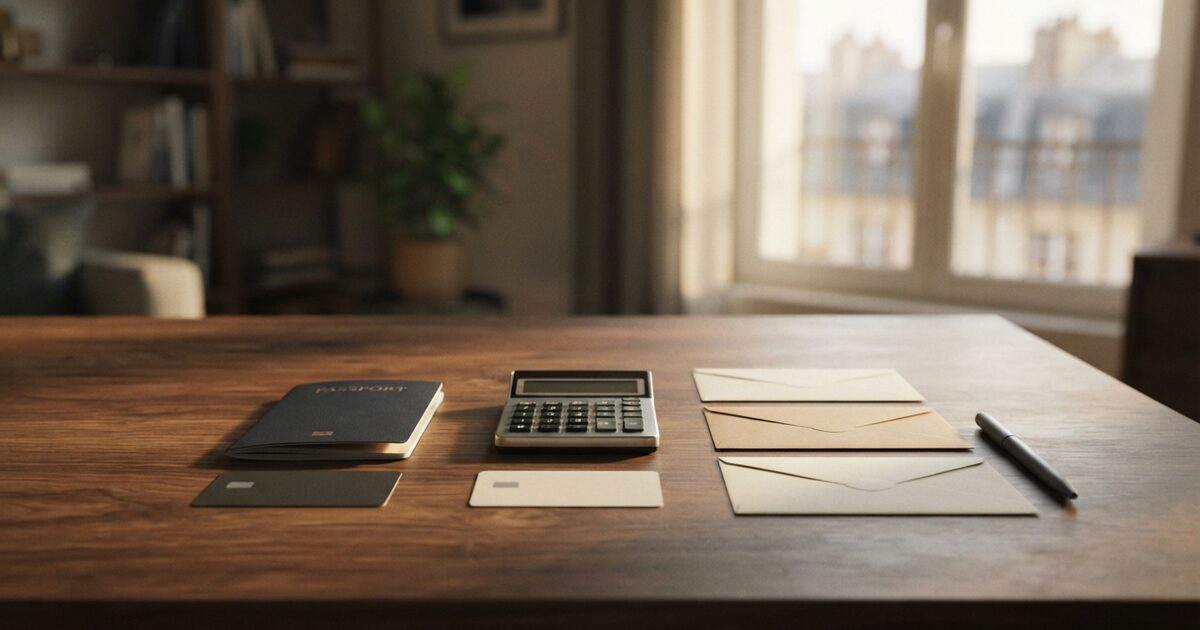 Organized expat banking records on a sunlit apartment table