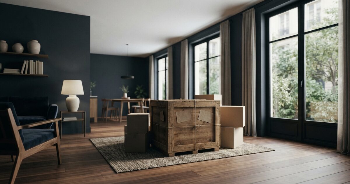 Sunlit apartment with moving crates and courtyard windows