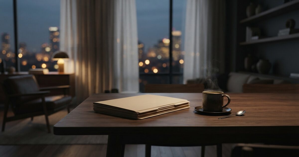 Warm dusk apartment table with unlabeled folders and city bokeh