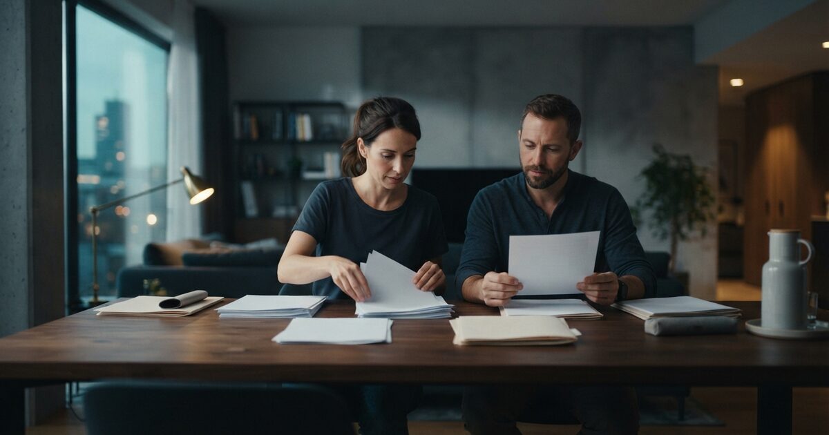 Expat couple organizing mortgage income records at a walnut table