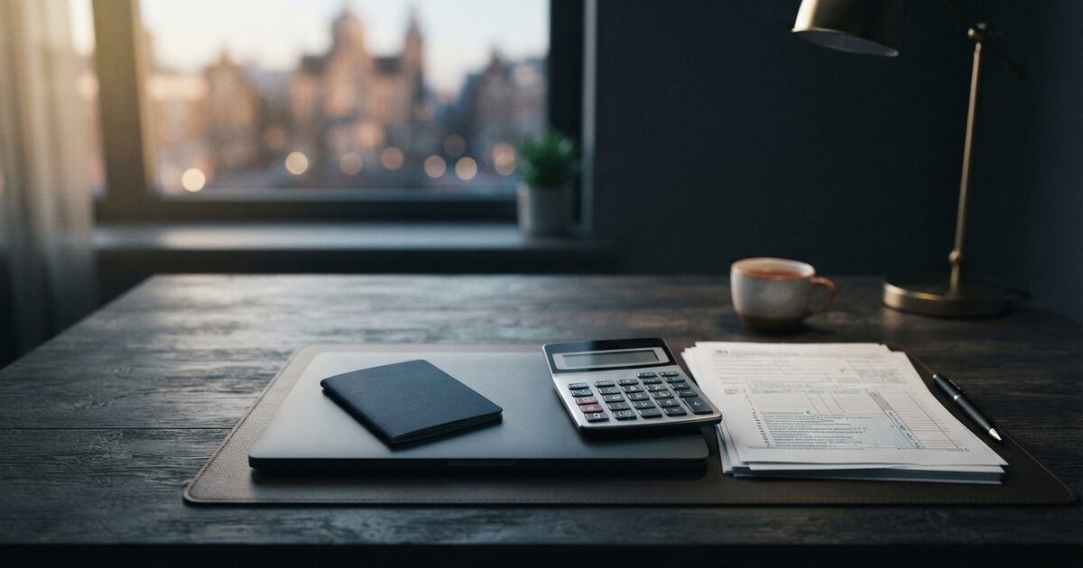 Expat tax workspace with calculator passport and blank forms