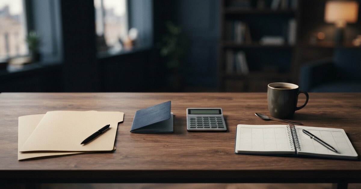 Expat tax extension planning desk with passport and calculator