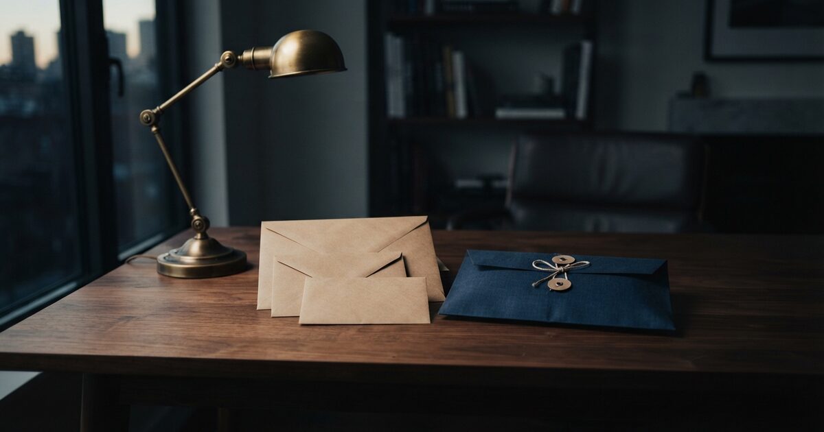 Walnut office desk with kraft envelopes and courier pouch in window light