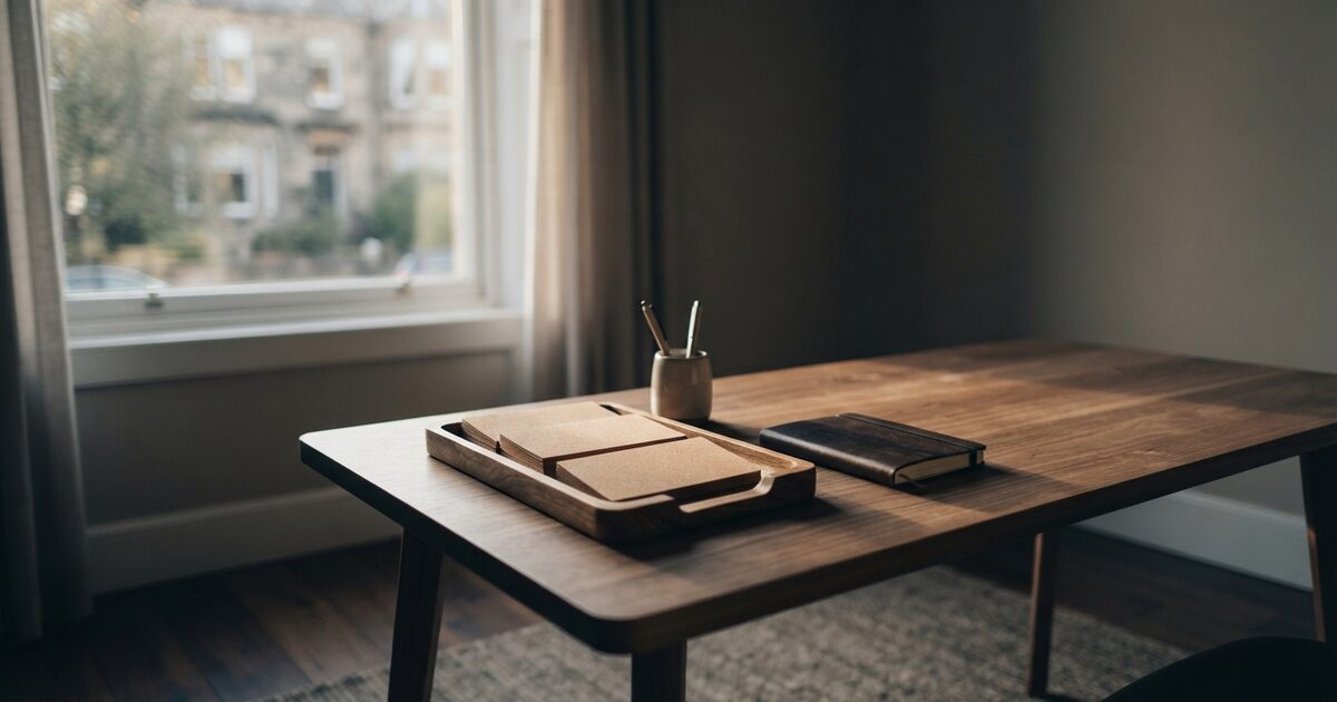 Sunlit foreign apartment desk with pay stubs by a window