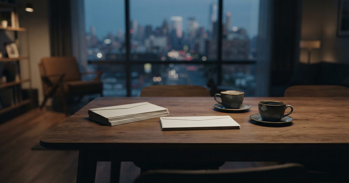 Two envelope stacks on a walnut dining table at dusk