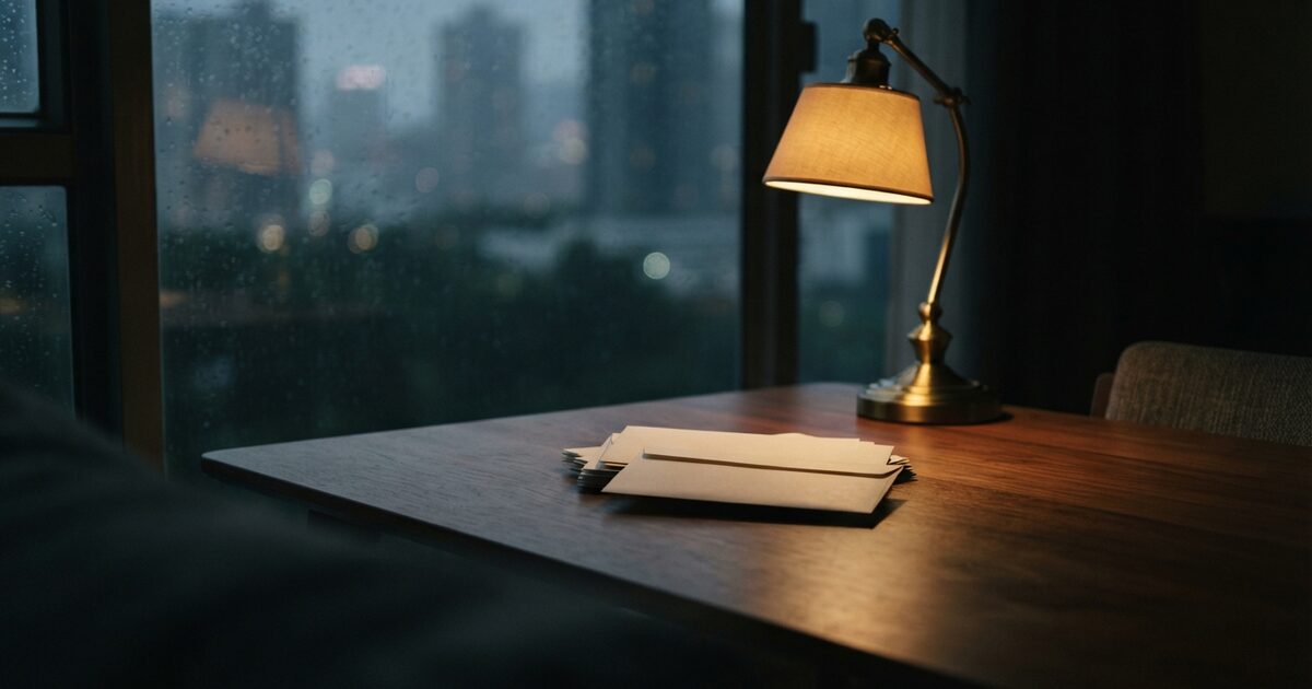 Warm Hong Kong apartment table with envelopes beside a rainy window