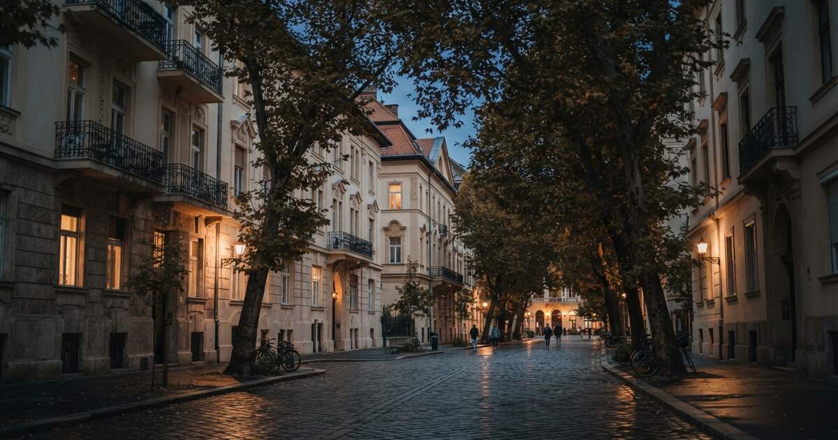 Quiet European apartment street at dusk with wrought-iron balconies