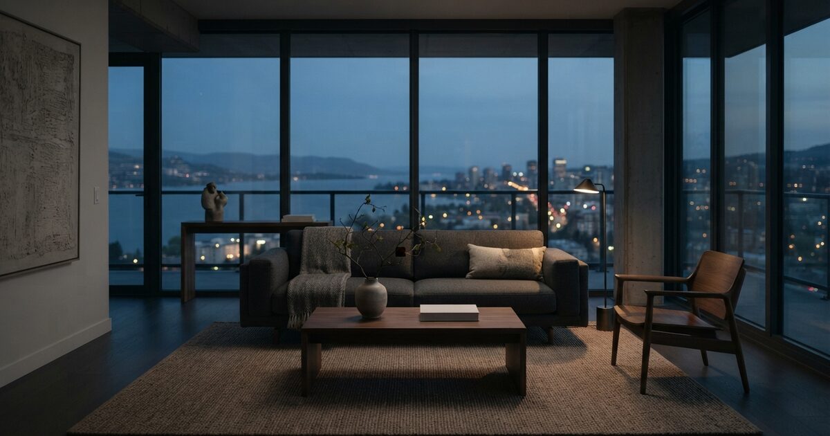 High-floor rental living room with dusk lake light