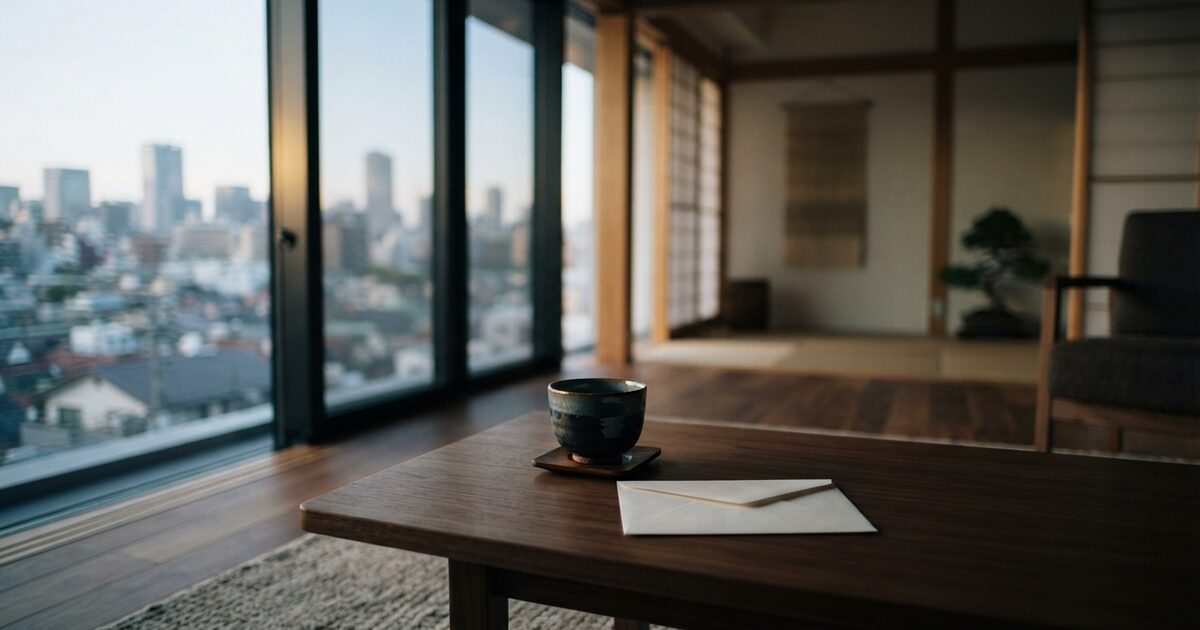 Sunlit Tokyo apartment table with tea cup and closed envelope
