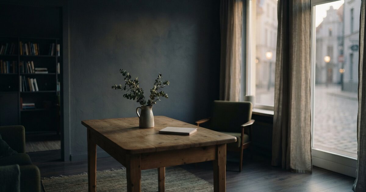 Sunlit Baltic apartment interior with pine table and linen curtains