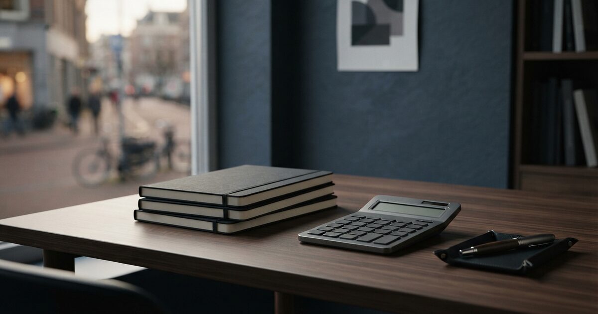 Localization operations desk with calculator and project notes