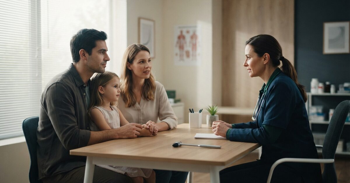 Expat family discussing international medical coverage with a clinic doctor