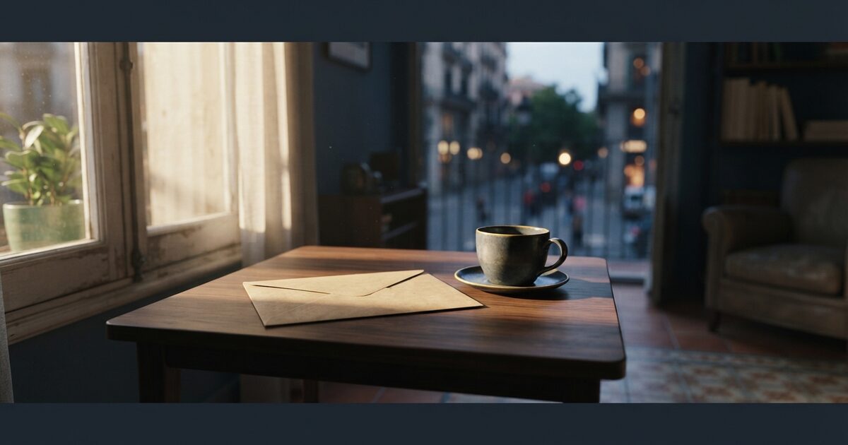Sunlit apartment table with sealed envelope beside a coffee cup