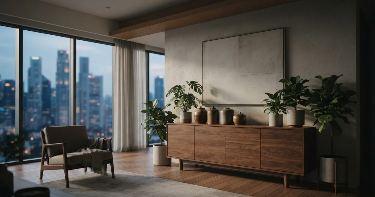 Sunlit apartment sideboard with ceramic jars and tropical plants