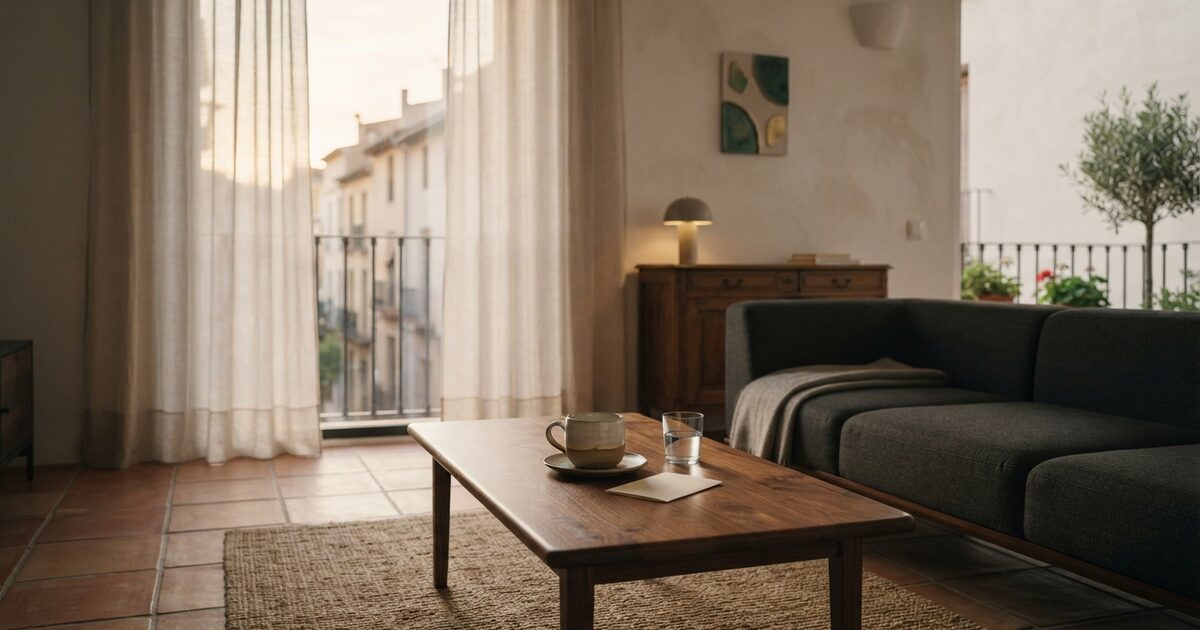 Sunlit Spanish apartment table with linen curtains and ceramic cup