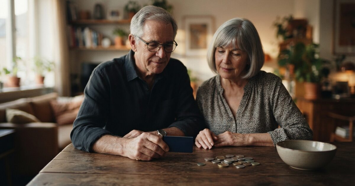 Retired couple planning international benefit deposits at their kitchen table