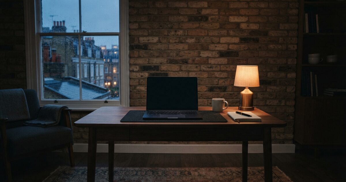 Dusk London apartment desk with closed laptop and rain on window