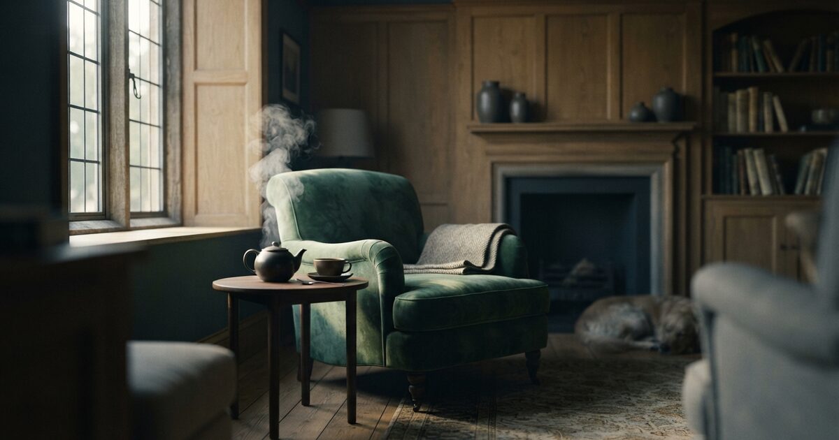 Sunlit oak sitting room with armchair and teapot for pension paperwork