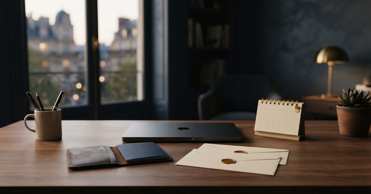 Founder abroad organizing LLC annual report records at a desk