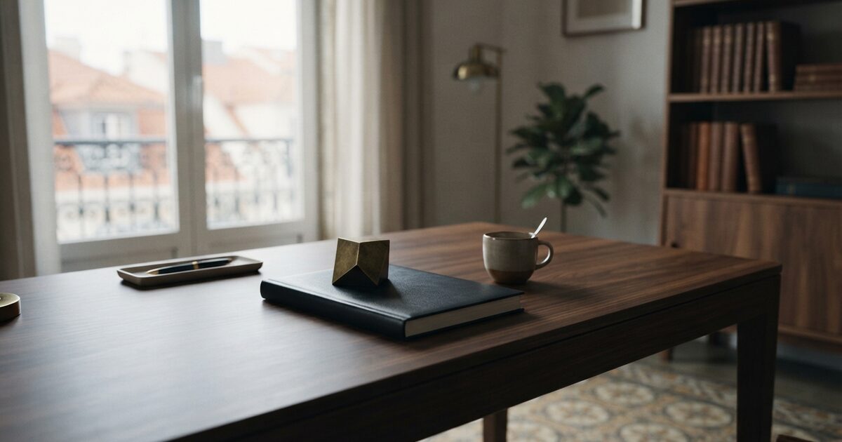 Sunlit Lisbon desk with closed leather corporate minute book