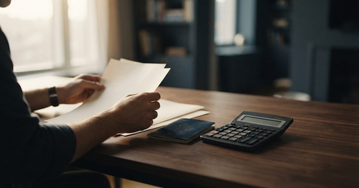 Expat reviewing foreign account balances and currency calculations at home