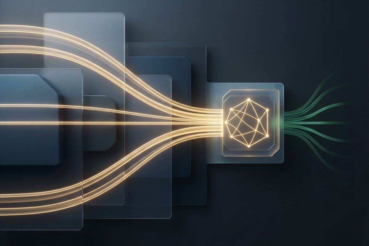 Abstract gold streams meeting a capped node on dark slate