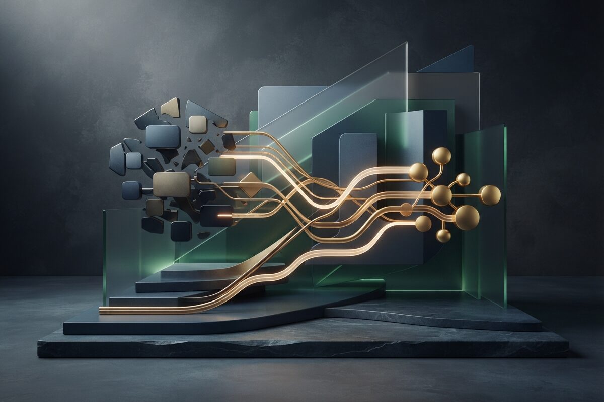 Glowing gold network nodes reconnecting on dark slate surface