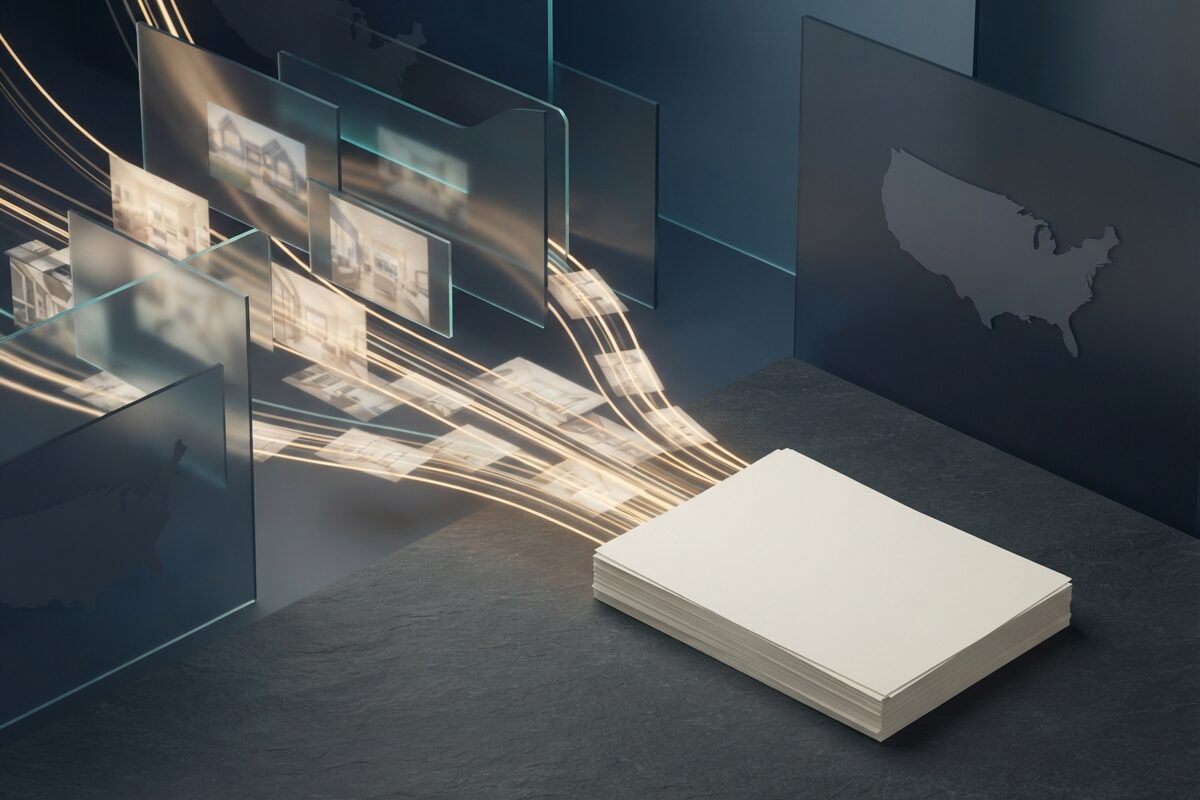 Glowing photo tiles converging into a stacked paper packet