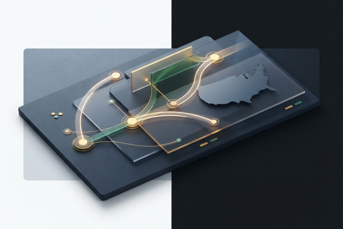 Glowing network nodes mapping a payment flow on slate