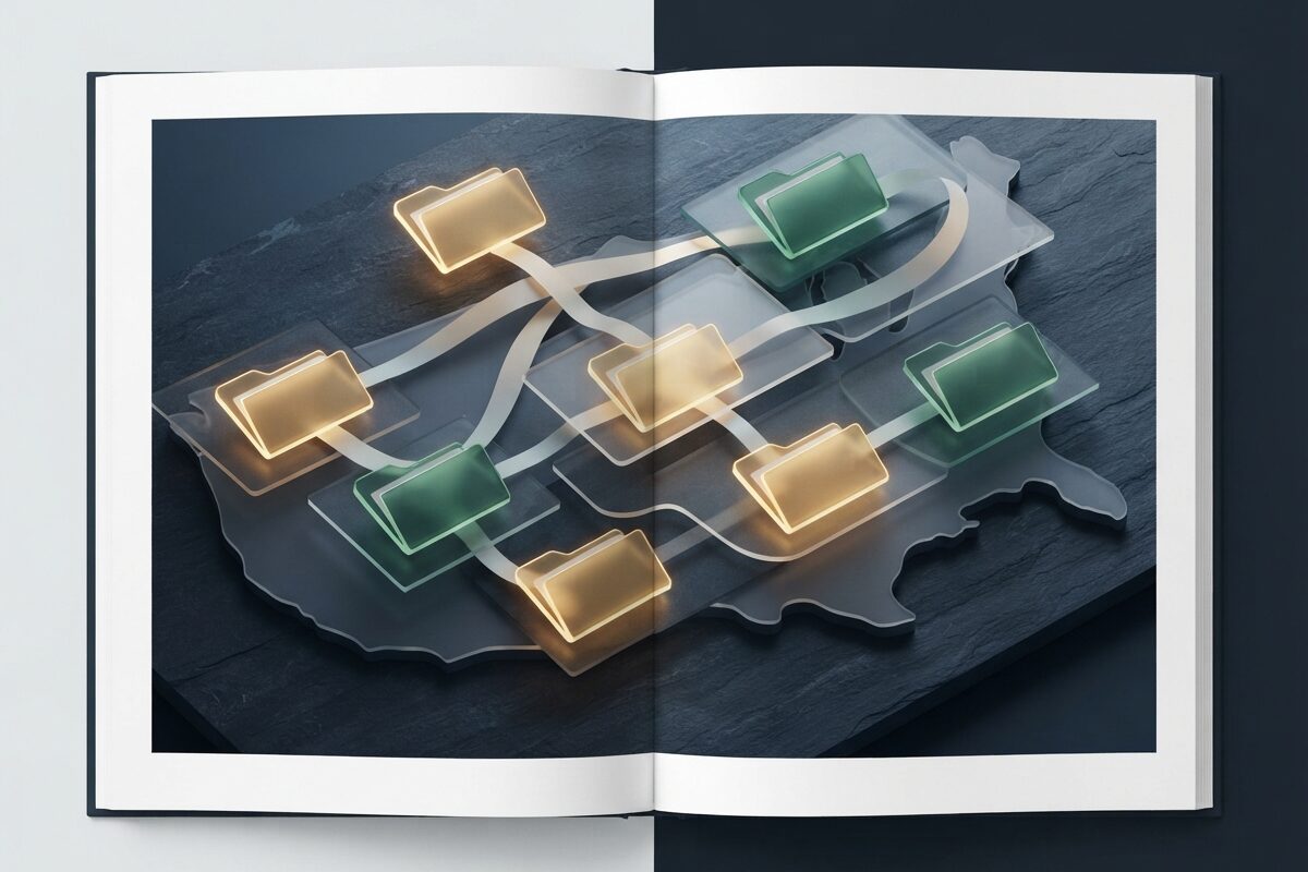 Glowing abstract network of document nodes on dark slate