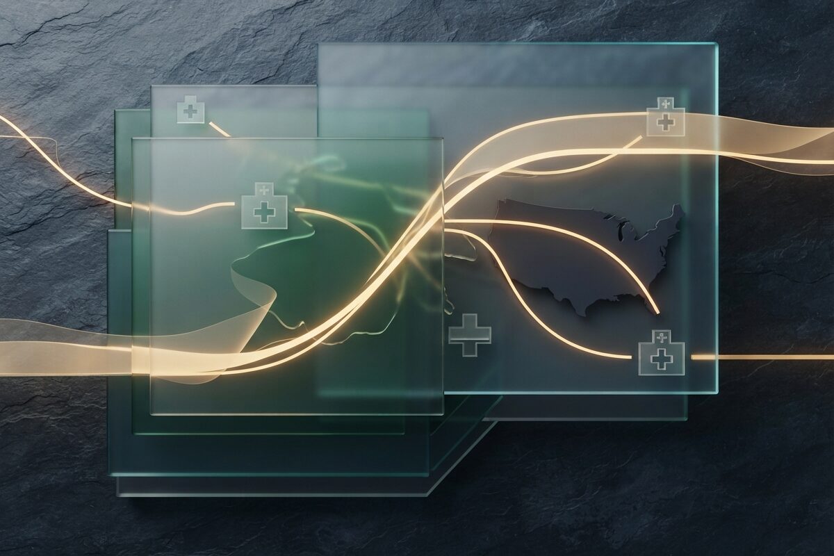 Abstract evacuation route network connecting hospital symbols on glass panels