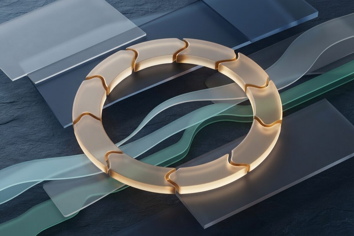 Glowing circular year ring of unmarked nodes on slate