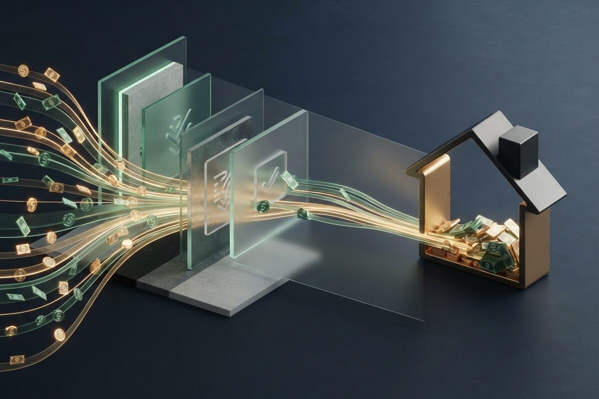 Abstract verified currency flow reaching a secure home purchase