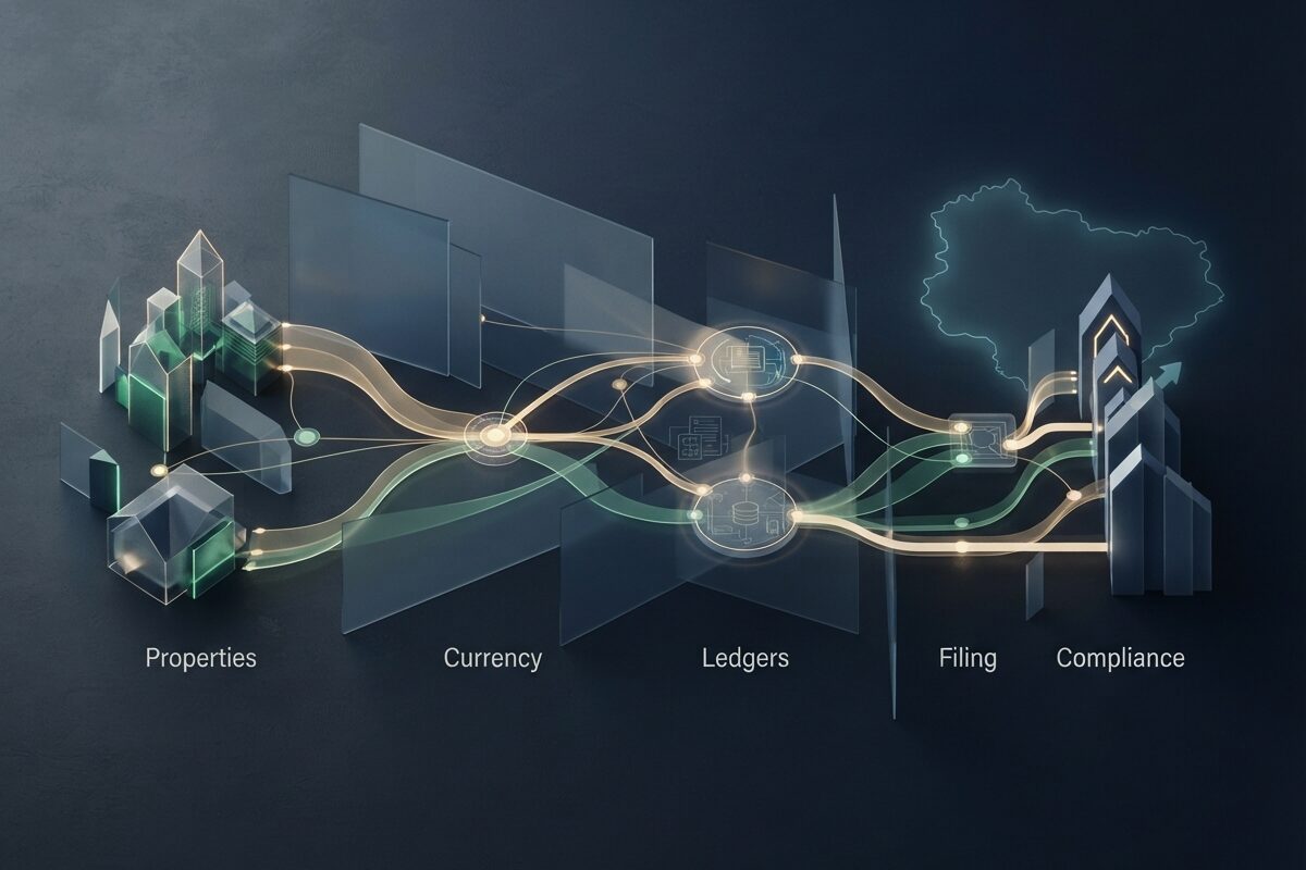 Abstract foreign rental tax reporting workflow across connected nodes