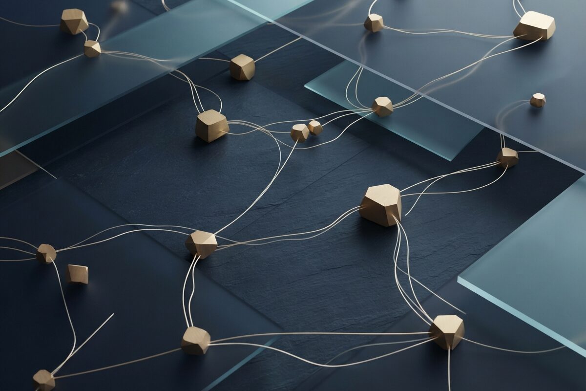 Abstract gold nodes connected by light filaments on dark slate