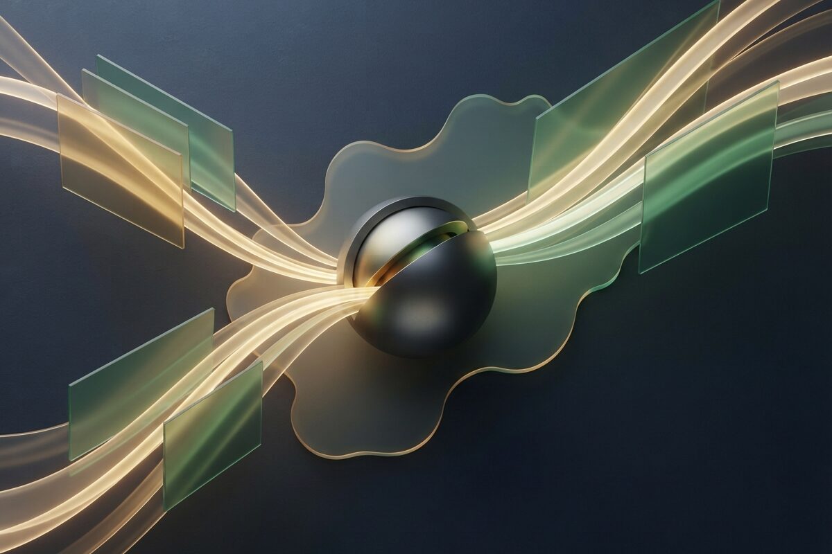 Abstract dual cash streams merging into a glowing vault sphere