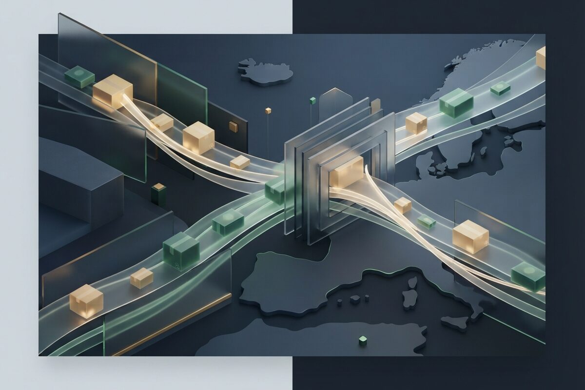 Abstract parcel network moving through a secure customs gateway