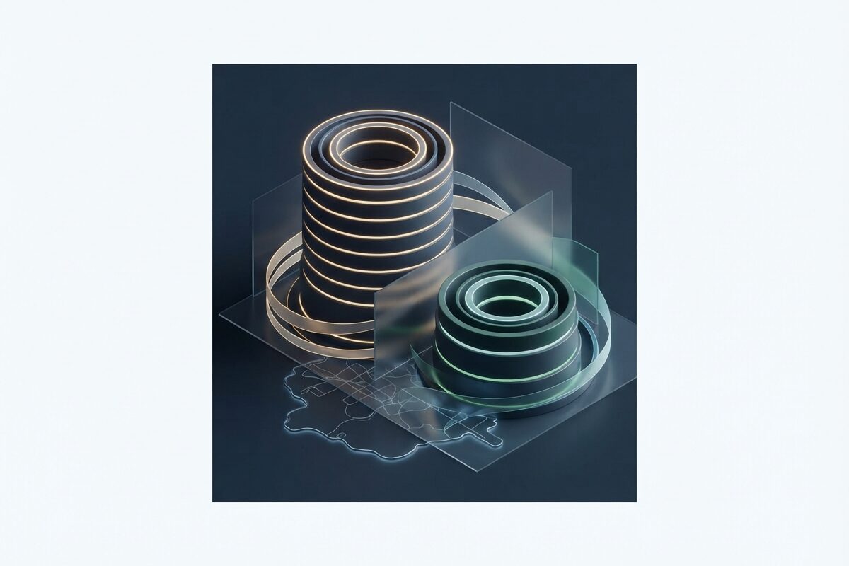 Nested glowing rings showing stacked cap layers on slate