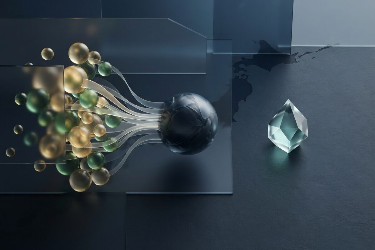 Glowing clustered orbs and a single crystal on dark slate